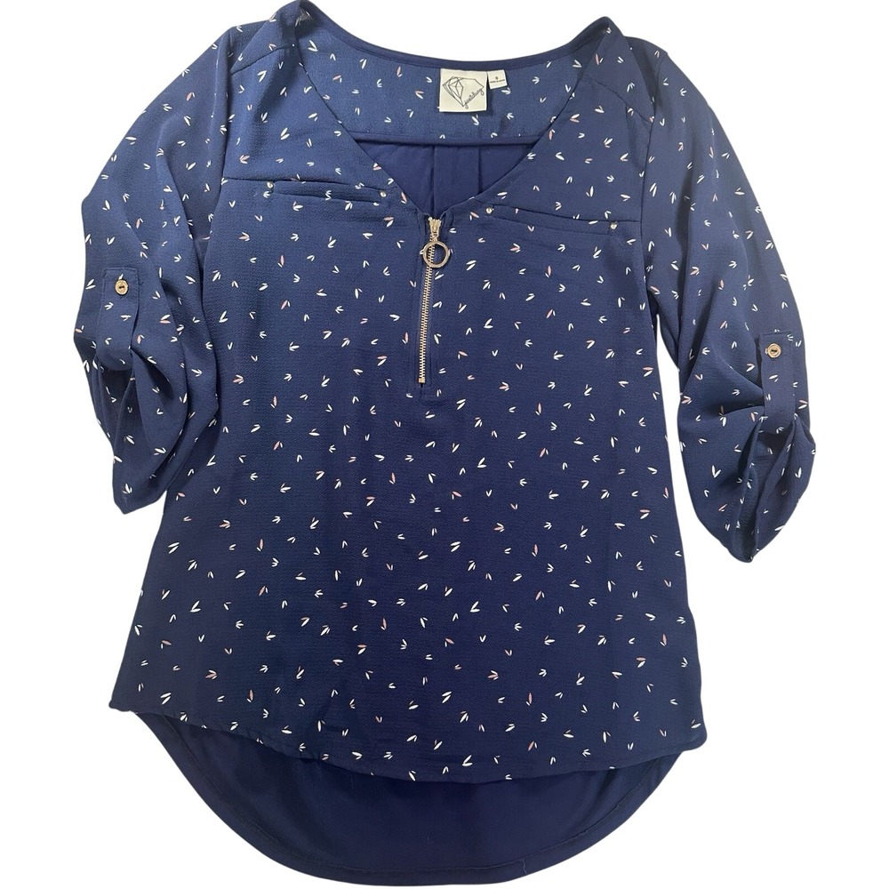 Janet Chung 3/4 Sleeve Quarter Zip V Neck Blouse Womens Size Small Navy *FLAW